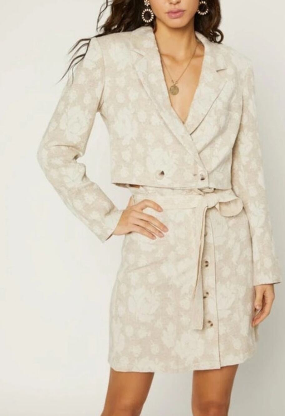 Current Air Los Angeles Womens Floral Cropped Blazer Small Beige Long Sleeve